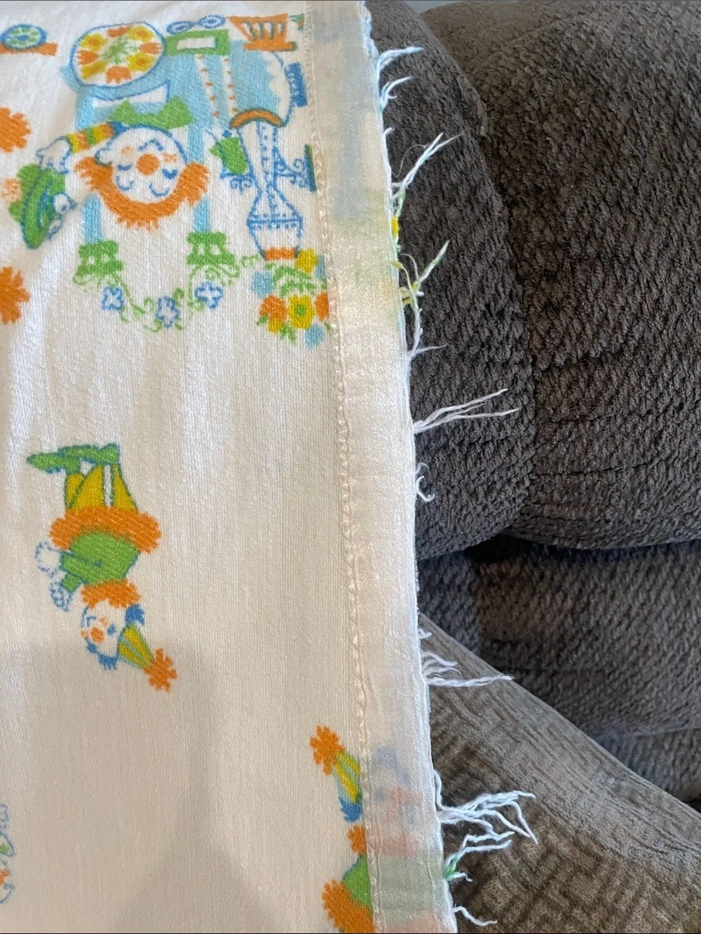 Vintage Clown Print baby’s blanket  in White, Orange & Green & blue